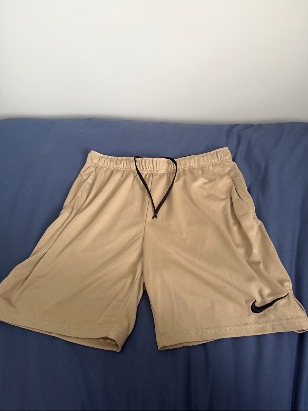 Nike Men's Khaki Athletic Shorts with Black Swoosh